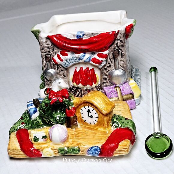 Vtg Christmas Fireplace Chimney Sugar Bowl Lidded & Free Green Glass Spoon READ - Picture 11 of 12